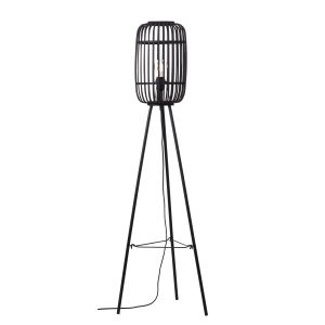 Mathias 1 Light E27 Matt Black Floor Lamp With Dark Stained Open Framework Shade With Inline Foot Switch