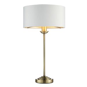 Highclere 1 Light E14 Antique Brass Table Lamp C/W Vintage White Fabric Shade With Brushed Gold Metallic Inner