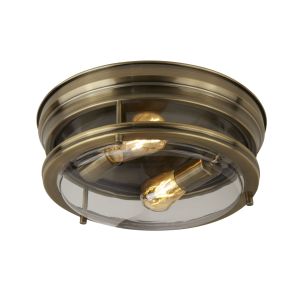 2 Light Flush Antique Brass/Clear Glass IP44