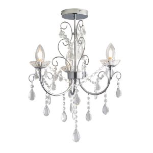Gowanha 3 Light G9 Polished Chrome IP44 Semi Flush Bathroom Chandelier With Clear Faceted Crystals
