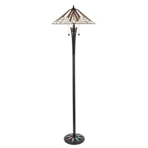 Astoria 2 Light E27  Black Floor Lamp With Lampholder Pull Cord Switchs C/W Tiffany Shade