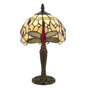 Dragonfly 1 Light E14 Dark Bronze Mini Table Lamp With Inline Switch C/W Beige Tiffany Shade