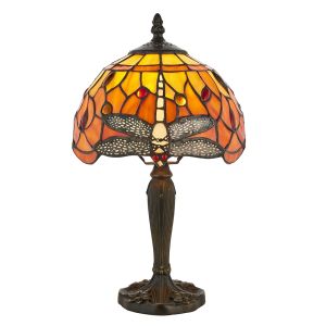 Dragonfly 1 Light E14 Dark Bronze Mini Table Lamp With Inline Switch C/W Vibrant Reds & Oranges Tiffany Shade