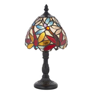 Lorette 1 Light E14 Dark Bronze Mini Table Lamp With Inline Switch C/W Coloured Tiffany Shade