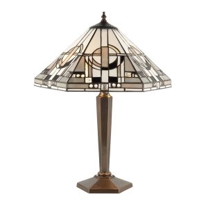 Metropoemersonn 2 Light E27 Deep Antique Patina Medium Table Lamp With Inline Switch C/W Art Deco Tiffany Shade