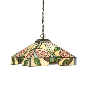 Willow 1 Light E27 Dark Bronze Medium Adjustable Pendant C/W Rose Design Square Tiffany Shade