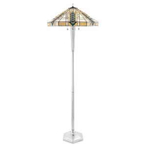 Lloyd 3 Light E27 Polished Aluminum Floor Lamp With Lampholder Pull Cord Switch C/W Art Deco Tiffany Shade