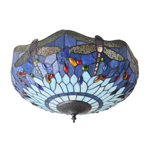 Dragonfly 2 Light E27 Dark Bronze Medium Flush Fitting C/W Vivid Blues Tiffany Shade