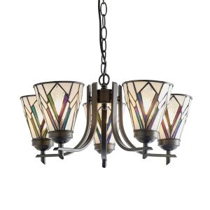 Fargo 5 Light E14 Dark Bronze Adjustable Pendant C/W Bevelled & Textured Ccrain Tiffany Shades