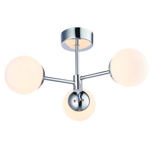 Vetro 3 Light 18W 1550lm LED Integrated Polished Chrome Bathroom IP44 Semi Flush Fitting With White Globe Glass Shades