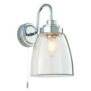Ashbury 1 Light Polished Chrome IP44 Bathroom Wall Light With Clear Glass Shade & Pull Cord Switch