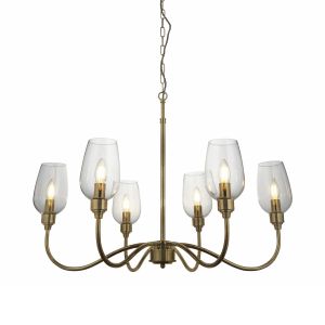 Artis 6 Light E14 Antique Brass Adjustable Pendant With Twisted Black Fabric Cable & Clear Blown Glass Shades