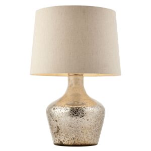 Meteora 1 Light E27 Vintage White & Hammered Pearl Ombre Foil Table Lamp C/W White Linen Shade