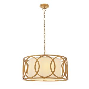 Craquele 4 Light E14 Brushed Gold Painted Adjustable Circular Frame Pendant With White Fabric Shade