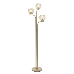 Dimple 3 Light E14 Brushed Brass Floor Lamp With inline Foot Switch C/W Champagne Lustre Dimpled Glass Shades