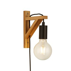 Woody 1 Light E27 Wall Light Wood With Black Metal