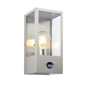 Oxford 1 Light E27 Brushed Stainless Steel Outdoor IP44 Wall Light With PIR Sensor With Clear Beveleld Edge Glass Panels
