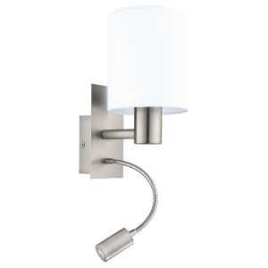Pasteri 2 Light E27 And Integral LED  Satin Nickel Adjustable Reading Wall Light Light With White Fabric Shade