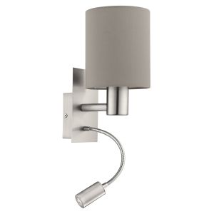 Pasteri 2 Light E27 And Integral LED  Satin Nickel Adjustable Reading Wall Light Light With Taupe Fabric Shade
