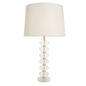 Annabelle 1 Light E14 Table Lamp Brushed Gold With Frosted Crystal Glass With Inline Switch C/W Mia 14" Vintage White Linen Tapered Shade