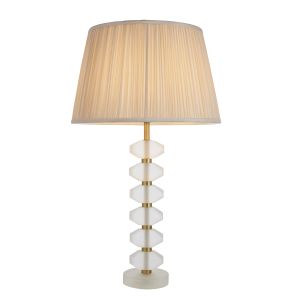 Annabelle 1 Light E14 Table Lamp Brushed Gold With Frosted Crystal Glass With Inline Switch C/W Freya 14" Oyster Gathered SIlk Fabric Shade