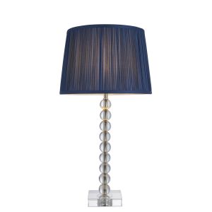 Adelie 1 Light E14 Table Lamp Nickel With Clear Crystal Glass With Inline Switch C/W Wentworth 12" Tapered Midnight Blue Silk Shade