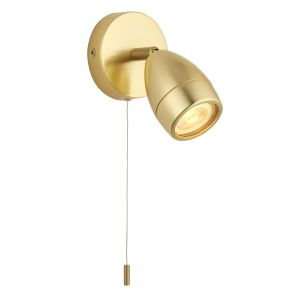 Porto 1 Light GU10 Satin Brass Adjustable IP44 Bathroom Wall Spotlight With Pull Cord Switch