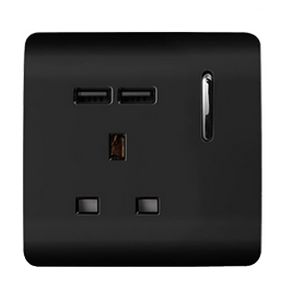 Trendi, Artistic Modern 1 Gang 13Amp Switched Socket WIth 2 x USB Ports Gloss Black Finish, BRITISH MADE, (35mm Back Box Required), 5yrs Warranty