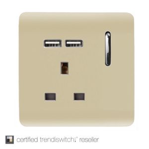 Trendi, Artistic Modern 1 Gang 13Amp Switched Socket WIth 2 x USB Ports Champagne Gold Finish, BRITISH MADE, (35mm Back Box Required), 5yrs Warranty