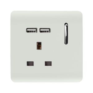 Trendi, Artistic Modern 1 Gang 13Amp Switched Socket WIth 2 x USB Ports Ice White Finish, BRITISH MADE, (35mm Back Box Required), 5yrs Warranty
