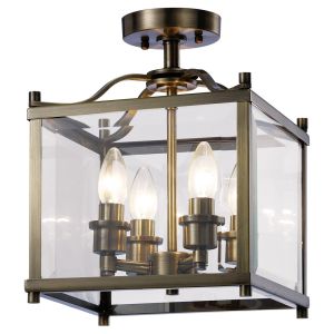 Aston Square Semi Flush 4 Light E14 Antique Brass/Glass