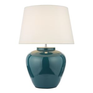 Ayla 1 Light E27 Blue Ceramic Table Lamp With Inline Switch C/W Cezanne White Faux Silk Tapered 40cm Drum Shade