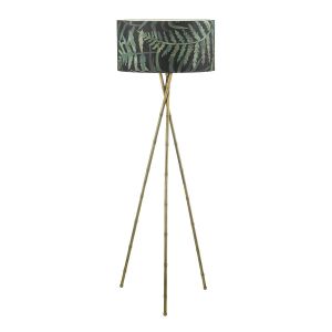 Bamboo 1 Light E27 Antique Brass Tripod Floor Lamp With Inline Foot Switch C/W Bamboo Green Leaf Cotton 49cm Drum Shade
