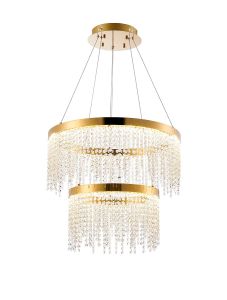 Bano Round 2 Tier Dimmable Pendant 47W LED, 4000K, 4700lm, French Gold / Crystal Chain, 3yrs Warranty