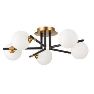 Pinetti 5 Light G9 Flush Ceiling Light In Matt Black & Antique Brass Finish C/W With Round Opal Glass Shade