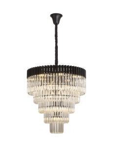 Brewer 80cm Pendant Round 5 Tier 19 Light E14, Matt Black / Clear Sculpted Glass, Item Weight: 30.2kg