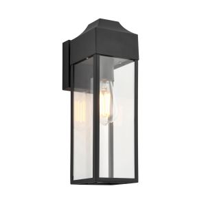 Metro 1 Light E27 Matt Black Die Cast Aluminium & Steel IP44 Outdoor Rectangle Lantern Wall Light With Clear Glass Shade