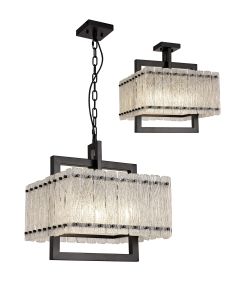 Eagle Large Square Pendant/Semi Flush, 5 Light E27, Matt Black/Crystal Sand Glass