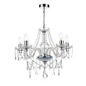 Katie 5 Light E14 Polished Chrome Adjustable Chandelier With Crystal Droppers & Festooned With Crystal Beads & Acrylic Twist Arms