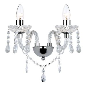 Katie 2 Light E14 Polished Chrome Wall Light With Crystal Droppers & Festooned With Crystal Beads & Acrylic Twist Arms