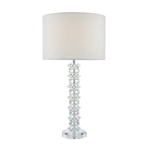 Mina 1 Light E27 Polished Chrome Table Lamp With Crystal Stacked Stem With Inline Switch C/W Ccrain Cotton Drum Shade