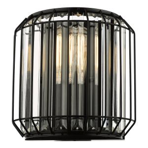 Naeva 2 Light E14 Satin Black Wall Light With A Satin Black Cage Surrounding Stunning Faceted Crystals