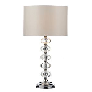 Oleana 1 Light E27 Polished Chrome table Lamp With Stacked Facted Crystal Glass Beads Centre Stem C/W Ivory Lined Satin Shade