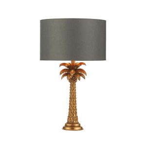 Palm 1 Light B22 Gold Palm Tree Design Table Lamp With Inline Switch C/W Bokara Grey Faux Silk Satin 38cm Drum Shade