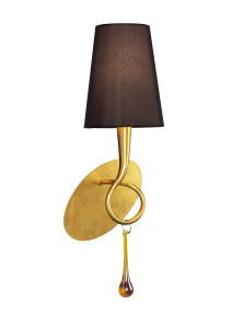 Paola Wall Lamp Switched 1 Light E14, Gold Painted With Black Shade & Amber Glass Droplets