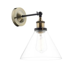 Ray 1 Light E27 Antique Brass Adjustable Wall Light With Clear Glass Conical Shade