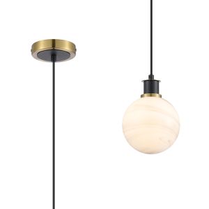 Salas 1.3m Pendant, 1 Light E14 With 15cm Round White & Grey Marble Effect Glass Shade, Brass & Satin Black Framework