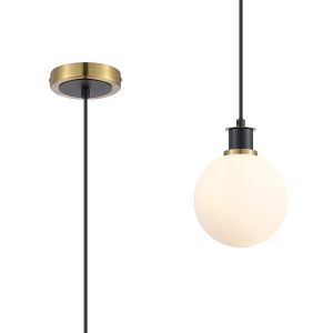 Salas 1.3m Pendant, 1 Light E14 With 15cm Round Glass Shade, Brass, Opal & Satin Black