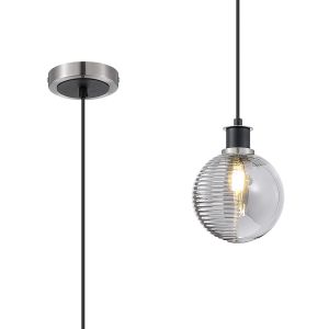 Salas 1.3m Pendant, 1 Light E14 With 15cm Round Double Textured Smooth / Ribbed Glass Shade, Satin Nickel, Smoke Plated & Satin Black