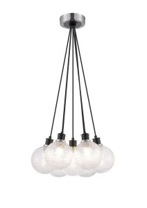 Salas 1.3m Round Cluster Pendant, 7 Light E14 With 15cm Round Dimpled Glass Shade, Satin Nickel, Clear & Satin Black